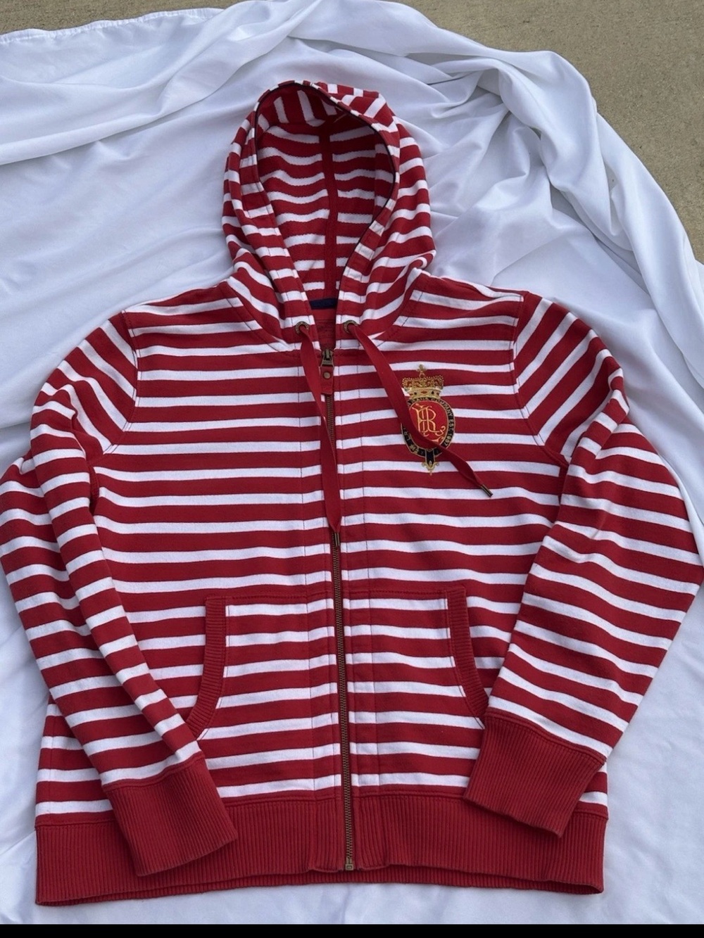 Large Ralph Lauren Jeans Co. Zip-Front Cotton Hoodie Red & White Stripes VTG